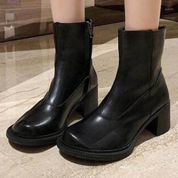 

boots 2021 women shoes 5.5cm high heels ankle casual round toe punk platform big head botas de mujer ll5701, Black