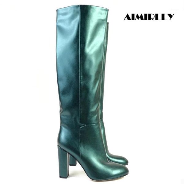

women's boots round toe high heels knee high boots block heel slip on ladies winter shoes outdoor party wear green1, Black