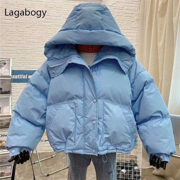

lagabogy winter women 90% white duck down coats casual candy color warm bread jackets female hooded loose snow outwear 211221, Black