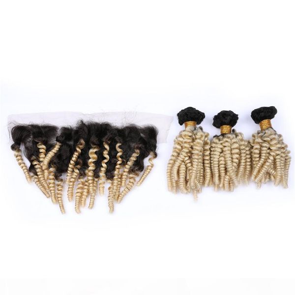 

blonde aunty funmi hair 3 bundles deals with lace frontal virgin raw indian hair 1b 613 ombre bouncy curly with lace frontals, Black;brown