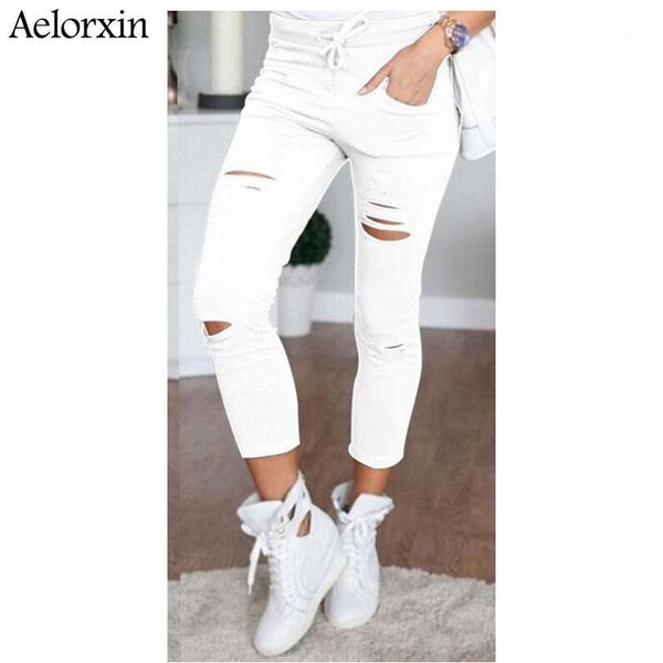 

2019 blast oversized code hole high waist high elastic small foot pencil jeans casual cotton nine minutes ladies jeans1, Blue