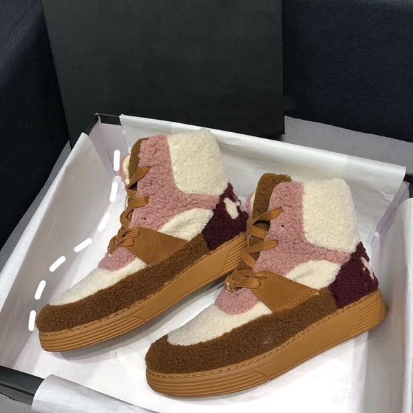 

new paris brand sneakers winter lambswool boots women martin boot patchwork luxurys designers shoes outdoor fur snow boots platform shoes, Black