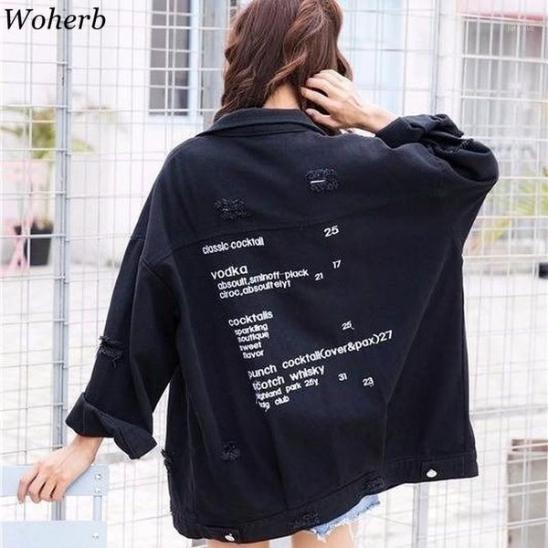 

woherb harajuku denim jackets women hole boyfriend long sleeve vintage woman jean jacket loose spring autumn oversized coats1, Black;brown