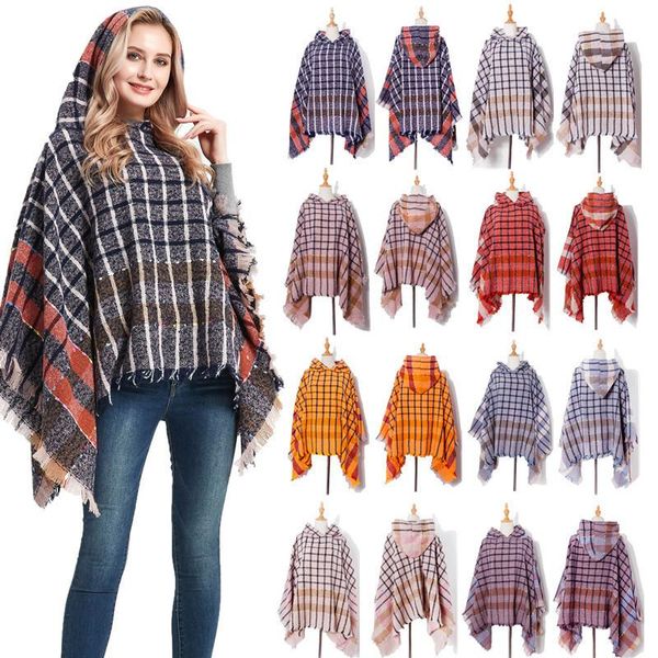 

cloak in europe and the new winter tonglu manufacturers selling circle yarn seta grid with hood sets hooded cloak, Blue;gray