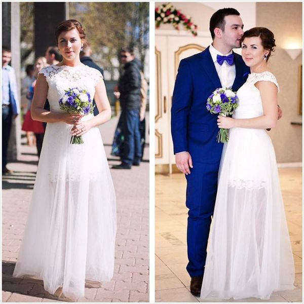 

2021 simple design wedding dresses cap sleeve lace tulle skirt a line floor length bridal gowns robe de mariée, White