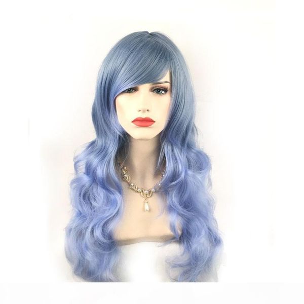 

new women's long wavy ombre dark blue synthetic heat resistant hair wig, Black