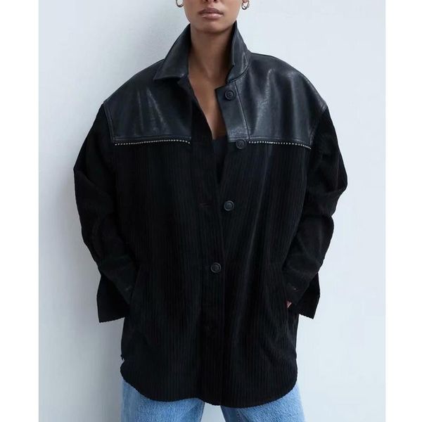

2021 new women's corduroy patchwork jacket long sleeve overshirt woman autumn winter plus size lady black coats long 039, Black;brown