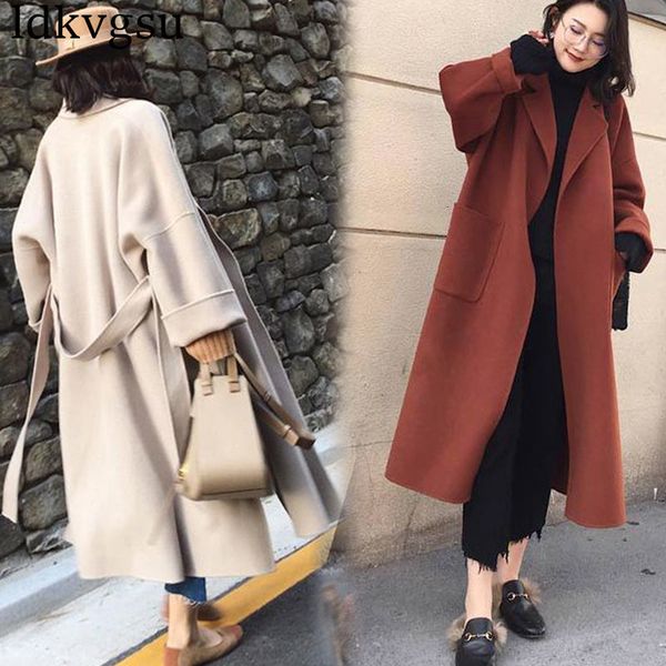 

casaco feminino 2020 fashion autumn winter woolen coats women blend wool long trench coat female plus size loose overcoat a1707, Black