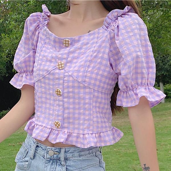 

plaid print short sleeve shirts fashion lady crop women casual shirts square neck blouse blusas de mujeres#g301, White