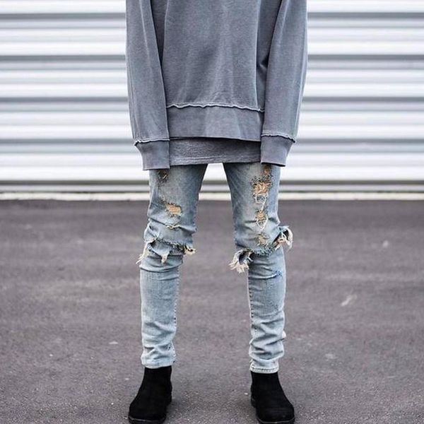 

2020 high street men knee eversion ripped big hole jeans pants trousersstreetwear skateboard casual straight pants, Blue