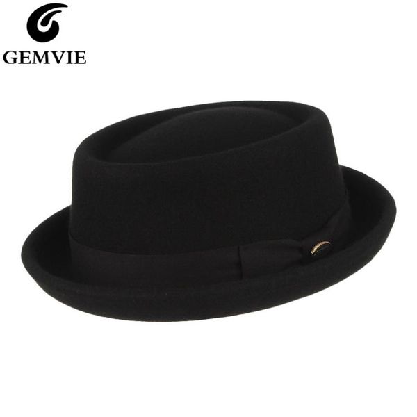 

wide brim hats gemvie men women 100% wool felt crushable porkpie fedora hat vintage curved pork pie autumn winter, Blue;gray