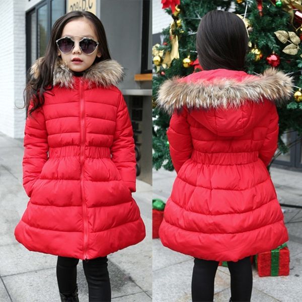 Casaco de Inverno Miúdos Preto Meninas Vermelhas de Algodão de Algodão Roupa de Lã Colarinho Casaco de Algodão Crianças Roupas Outerwear Quente Com Capuz Overcoat LJ201125