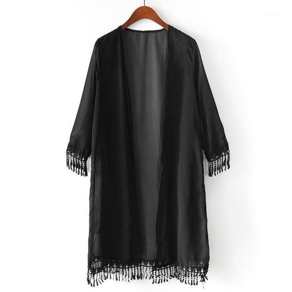 

chiffon mid-sleeve tassels blouse beach long shirt blouse lace sun-proof tassels cardigan size1