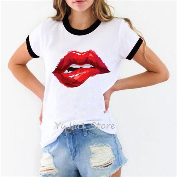 

new arrival 2020 red lips t shirt camiseta mujer vogue tshirt femme korean style clothes oversized shirt white female t