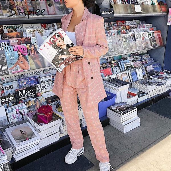 

simplee fashion plaid women blazer suits long sleeve double breasted blazer pants set pink office ladies two-piece sets1, White;black