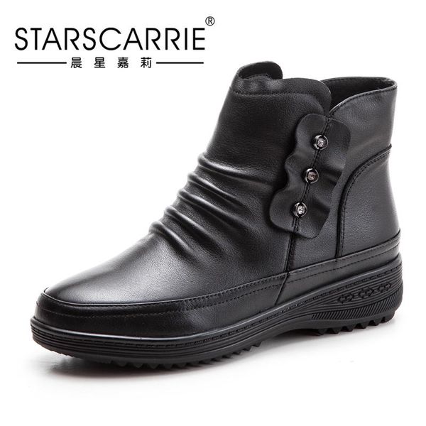 

boots black wedge womens winter non-slip warm fur ankle women leather for mother shoes famale