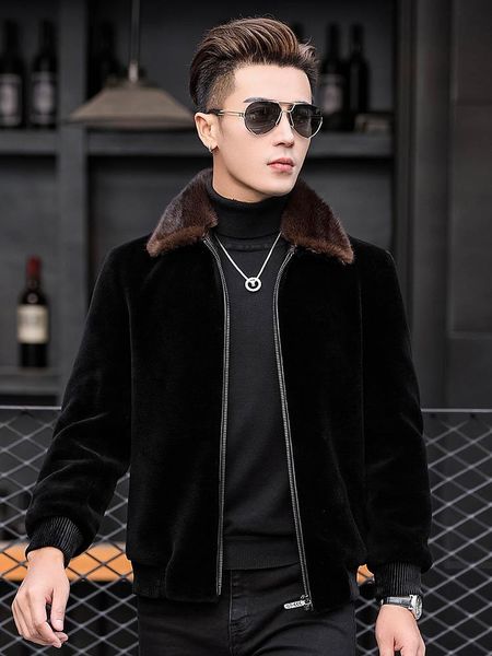 

collar coat mens down jacket winter shearling genuine leather clothes, Black