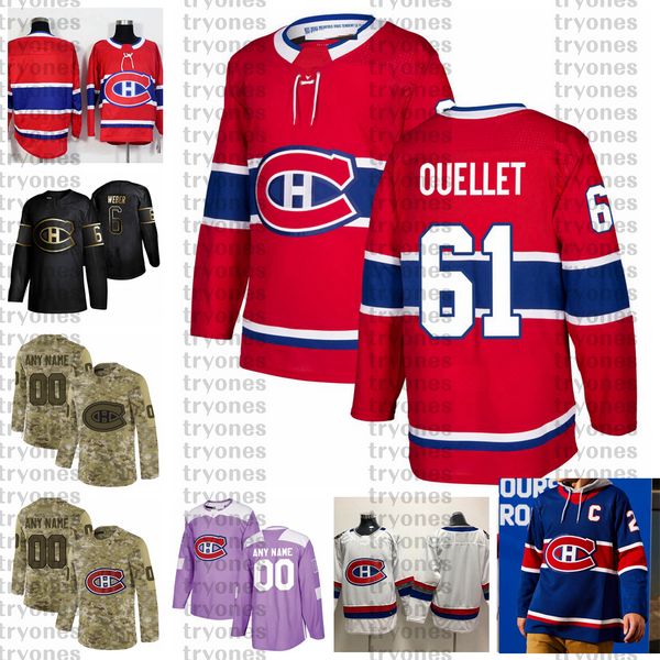 

2021 reverse retro customize 61 xavier ouellet montreal canadiens hockey jerseys golden edition camo veterans day fights cancer custom shirt, Black;red