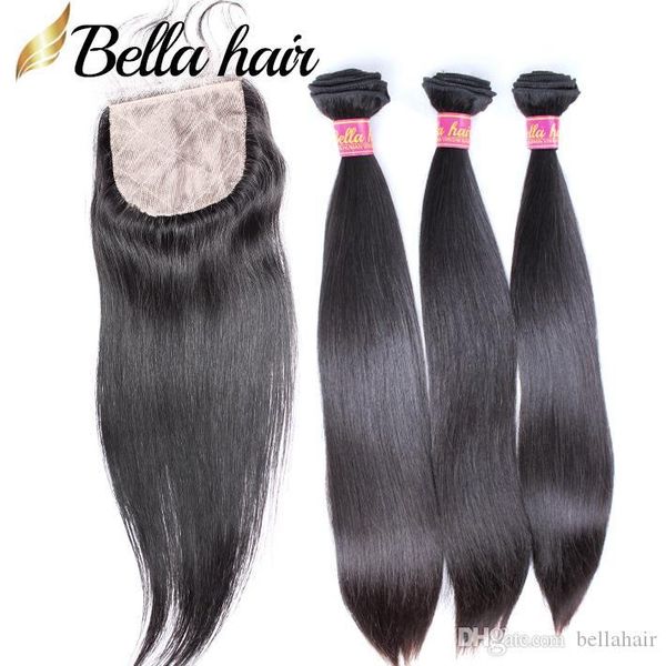 

human hair bundles with silk base lace closure 4x4 straight brazilian malaysian peruvian indian virgin hair weft extensions 4pc bella hair, Black