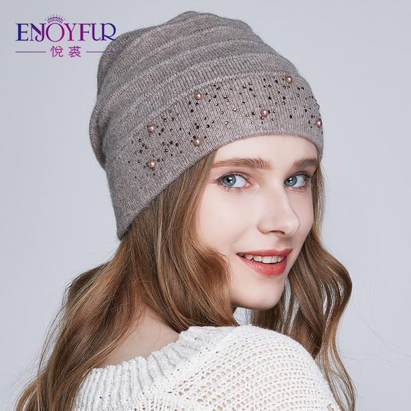 

enjoyfur winter hats for women warm wool beanies hat 2020 new fashion double lining caps with rhinestones, Blue;gray