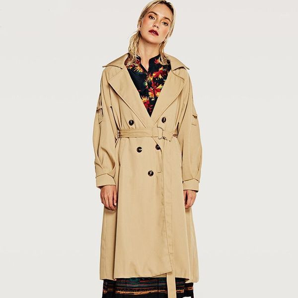 

autumn winter women drawstring loose trench coat female adjustable waist slim solid color overcoat long trench outerwear l721, Tan;black