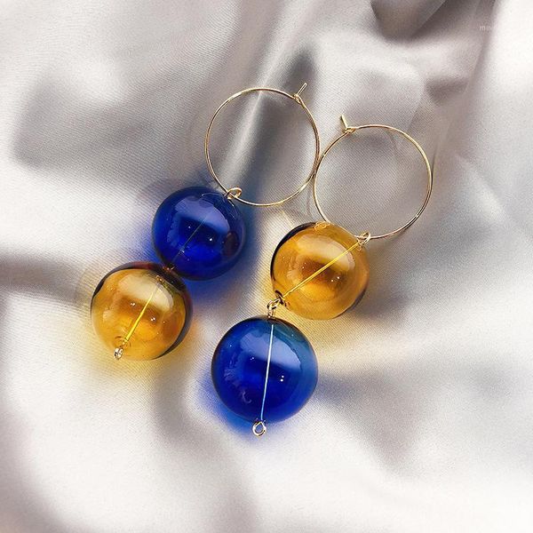 

2020 korea new design jewelry exaggerated contrast handmade colored glass ball earrings long simple round earrings for women1, Silver