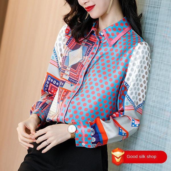 

silk long-sleeve blouse printed loose silk shirt women's new 2020 spring women's clothing twill weave 100%1, White