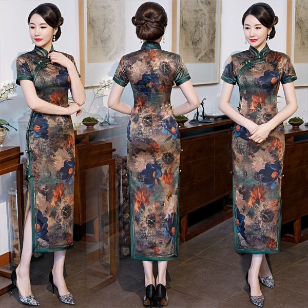 

long style imitation xiangyunsha 2020 new large size show mother dress skirt cheongsam skirtdaily republic of china style cheongsam skirt zr, Black;gray