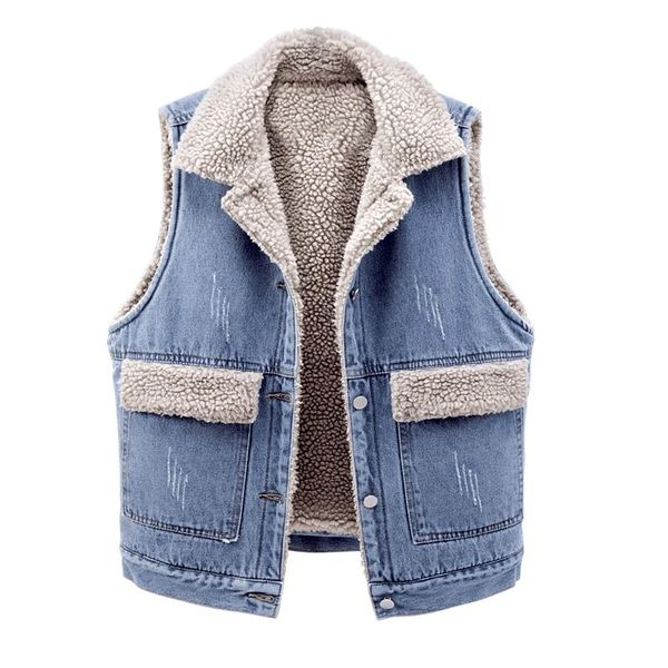 

women's vests autumn winter women vest korean big pocket sleeveless lamb hair denim jacket fashion thick warm waistcoat loose ladies g, Black;white