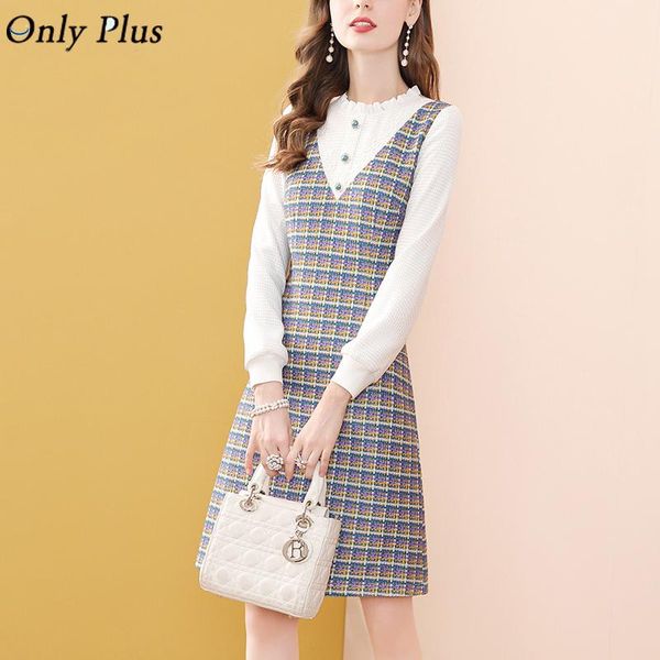 

casual dresses itoolin colour plaid patchwork wool winter dress white knit long sleeve a-line pearls chest high waist 2021, Black;gray