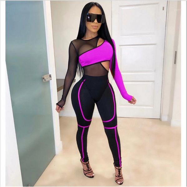 

2 piece set fluorescent color patchwork sheer mesh bandage jumpsuit hollow out long sleeve romper tracksuit club bodysuit pants1, Gray