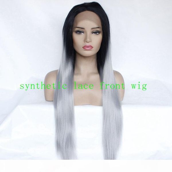 

synthetic lace front wigs ombre silver gray long silky straight wig for women black
