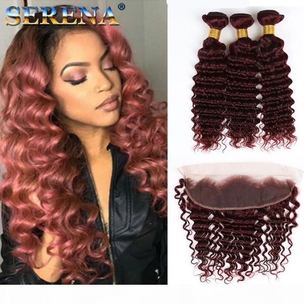 

peruvian deep curly wave burgundy human hair 3 bundles with 13x4 frontal #99j wine red human hair extensions double wefts ear to ear frontal, Black;brown