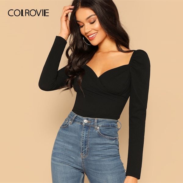 

colrovie black solid zip back fitted wrap sweetheart elegant blouses women spring long sleeve shirt office ladies y200403, White