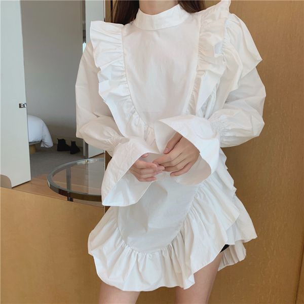 

2021 undesirable female loose frells fashion long sleeve shirt new fall style street frilly white dress nmvo, Black;gray