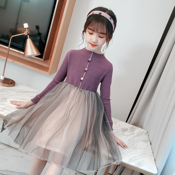 

girls 2020 foreign fashion long sleeve autumn girl big girl princess yarn net red dress autumn dress 8fuzi, Black;gray