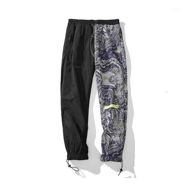 

ewq / men's clothing 2020 tide niche patchwork asymmetric printing men's casual trousers autumn fashion new pants 19h-a3061, Black