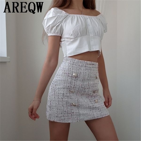 

tweed skirt women double-breasted elegant high waist plaid a- line short skirt autumn winter 201027, Black