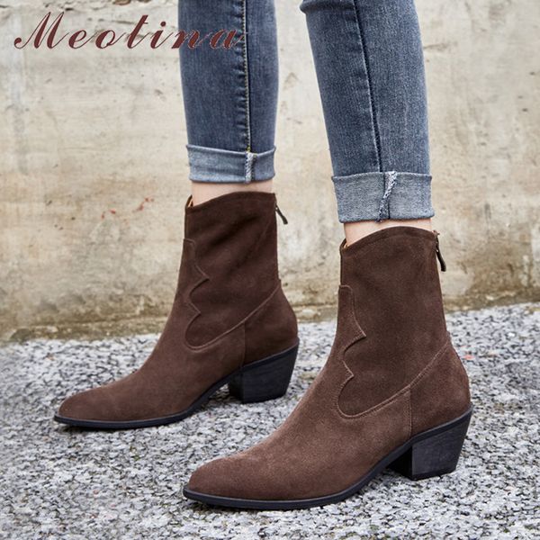 

meotina real leather cow suede high heel ankle boots women shoes pointed toe thick heel zipper short boots ladies autumn winter y1106, Black