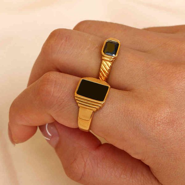 

minimalist basic square geometric ring stainless steel 18k gold pvd plating black rings for women waterproof jewelry, Slivery;golden