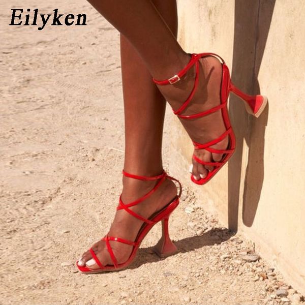 

eilyken plus size 35-42 spike heel red women's sandals open toe gladiator narrow band strap high heels sandals summer women shoe y20070, Black