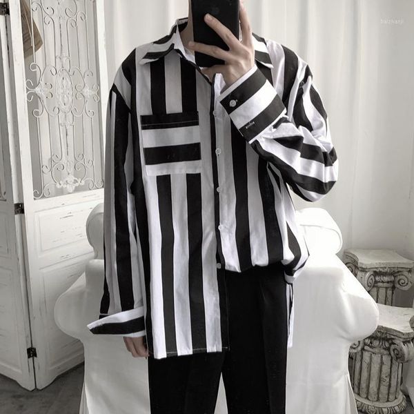 

s-xl spring new hong kong vintage striped shirt men's korean version of the long sleeve trend loose shirt1, White;black
