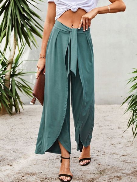 

tie front wrap hem wide leg pants e8oq#, Black;white
