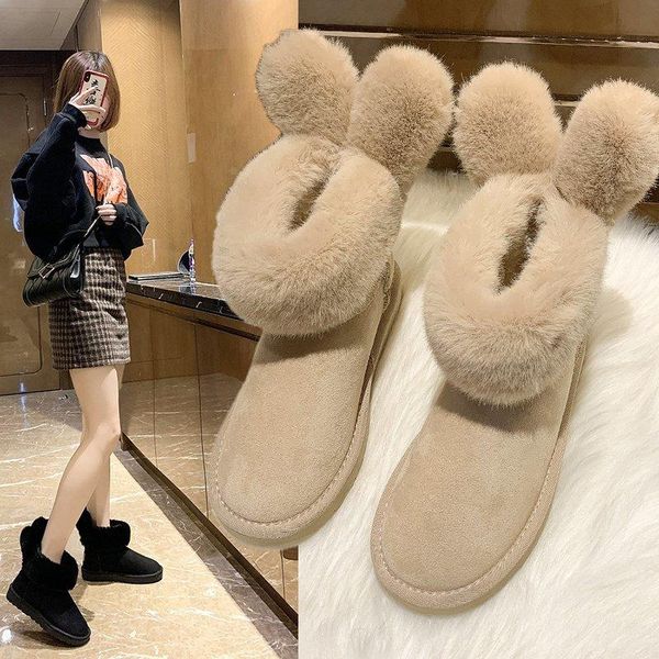 

student casual snow boots winter cute girls plush boots plus velvet warm low-cut suede flat non-slip women's, Black