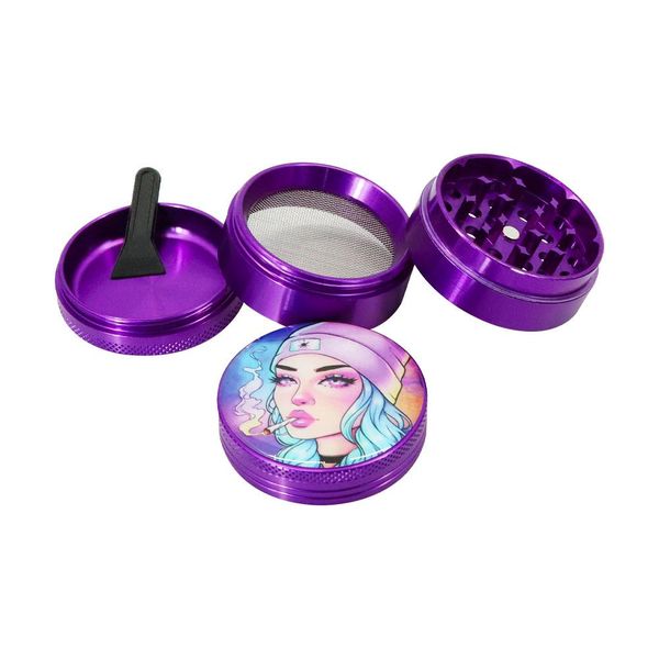 2022 Commercio all'ingrosso in lega di alluminio viola fumo Herb Grinder 50 * 43 mm 4 pezzi con mix logo modello metallo tabacco smerigliatrice tubo di fumo