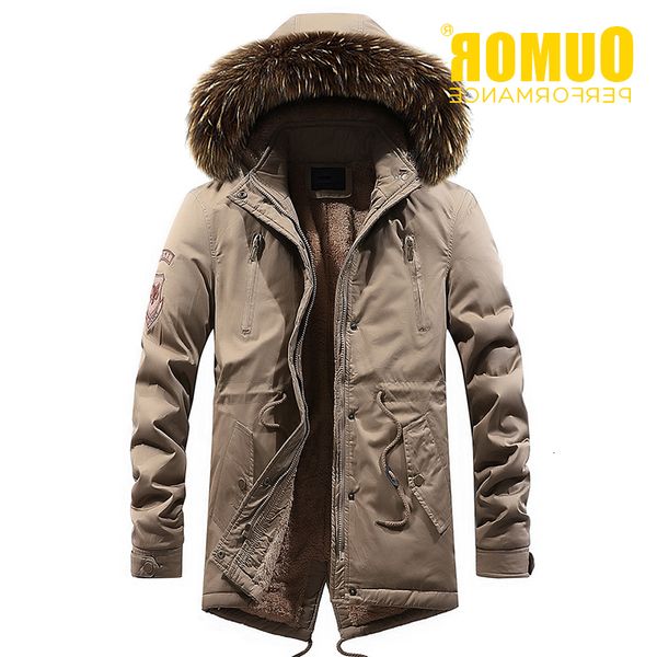 

oumor winter new long casual fur collar hooded jacket outdoor fashion warm thick fleece pockets coat parkas men