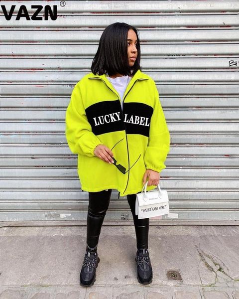 

vazn new vintage fluorescent green color loose zippers 2021 lucky label slim long coat full sleeve night club coat1, Black;brown