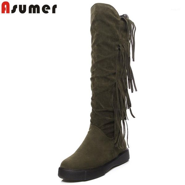 

boots asumer 2021 fashion autumn winter round toe fringe knee high flat comfortable ladies big size 34-431, Black