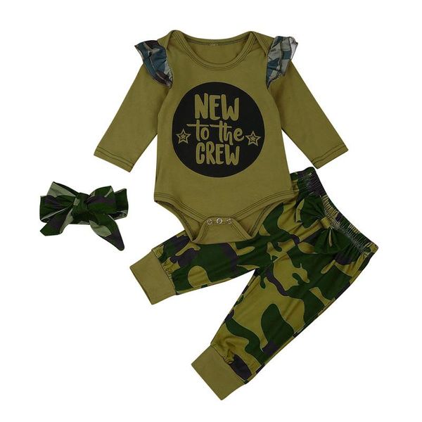 

clothing sets baby's set round neck long sleeve romper and camouflage pants headwear three-piece suit for toddler boys girls, White