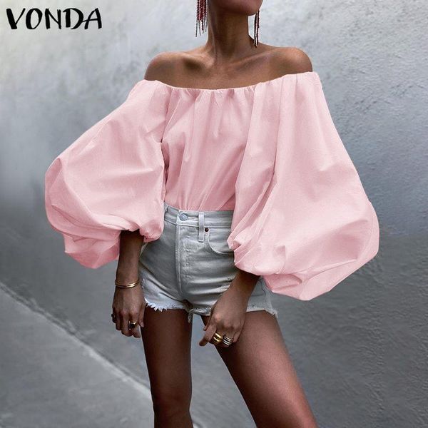 

off shoulder office ladies tunic vonda women vintage long puff sleeves blouse party casual blusas femininas plus size, White